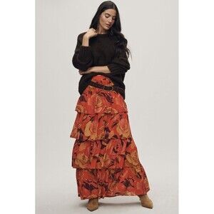 Anthropologie Farm Rio Floral Tiered Preppy Midi Skirt Sunset Rode Sz Small NWT3